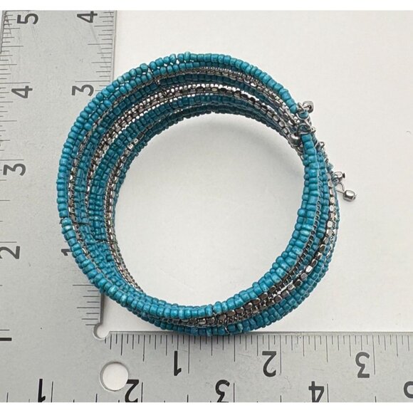 Blue & Silver Beaded Coil Bracelet Stretch Design Silver Tone Bohemian Style - Picture 4 of 6